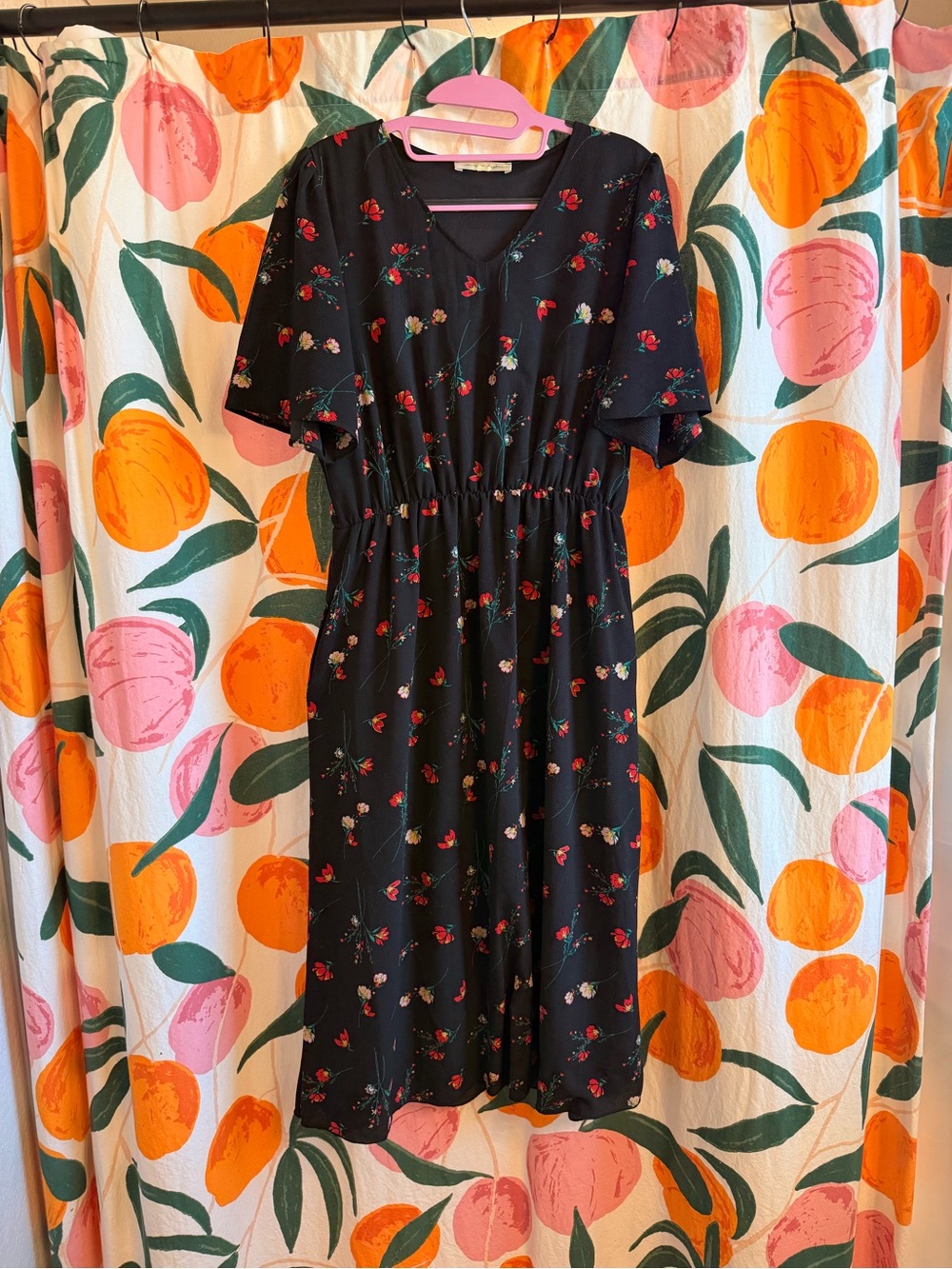 Black Poppy Floral Midi Dress with Elastic Waist